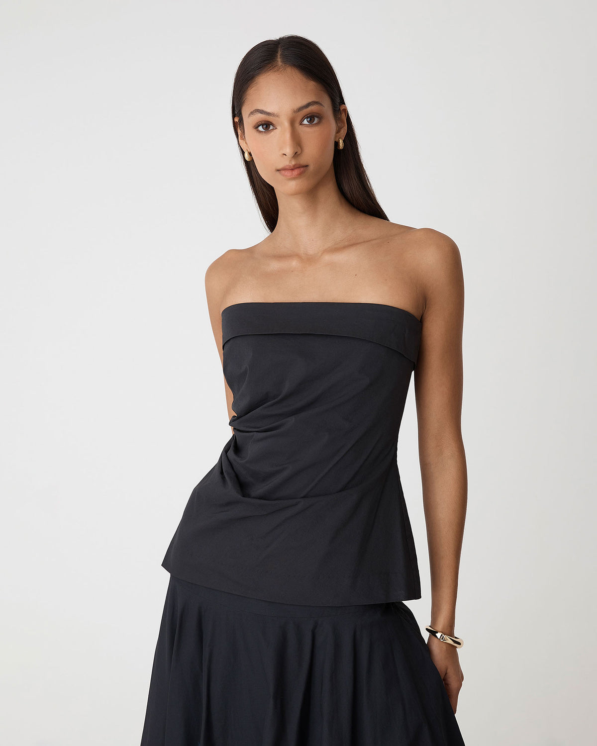 Deb Cotton Strapless Tunic in black — close-up view