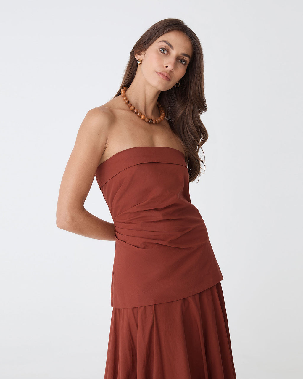 Deb Cotton Strapless Tunic in brick — close-up view 2