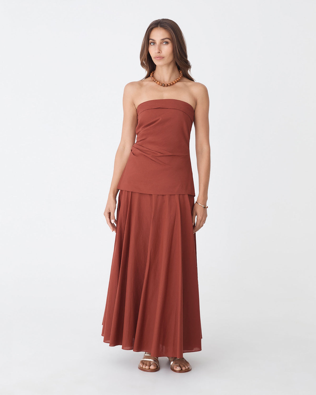 Deb Cotton Strapless Tunic in brick — full-length view