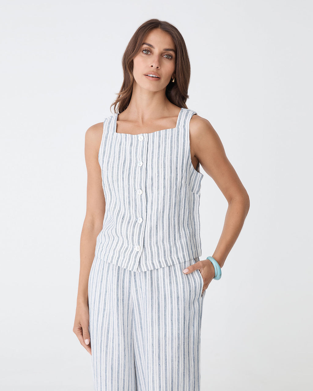 Milos Button Through Shell Top in blue stripe — close-up view