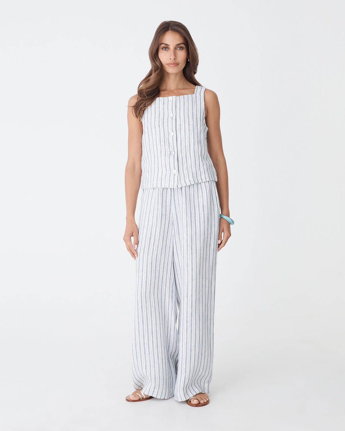 Milos Button Through Shell Top in blue stripe — full-length view