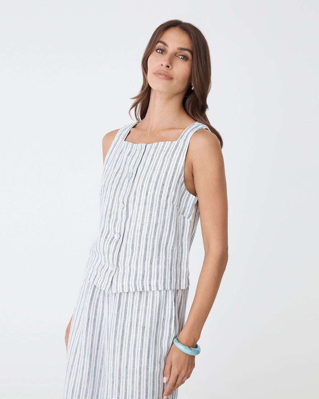 Milos Button Through Shell Top in blue stripe — side view
