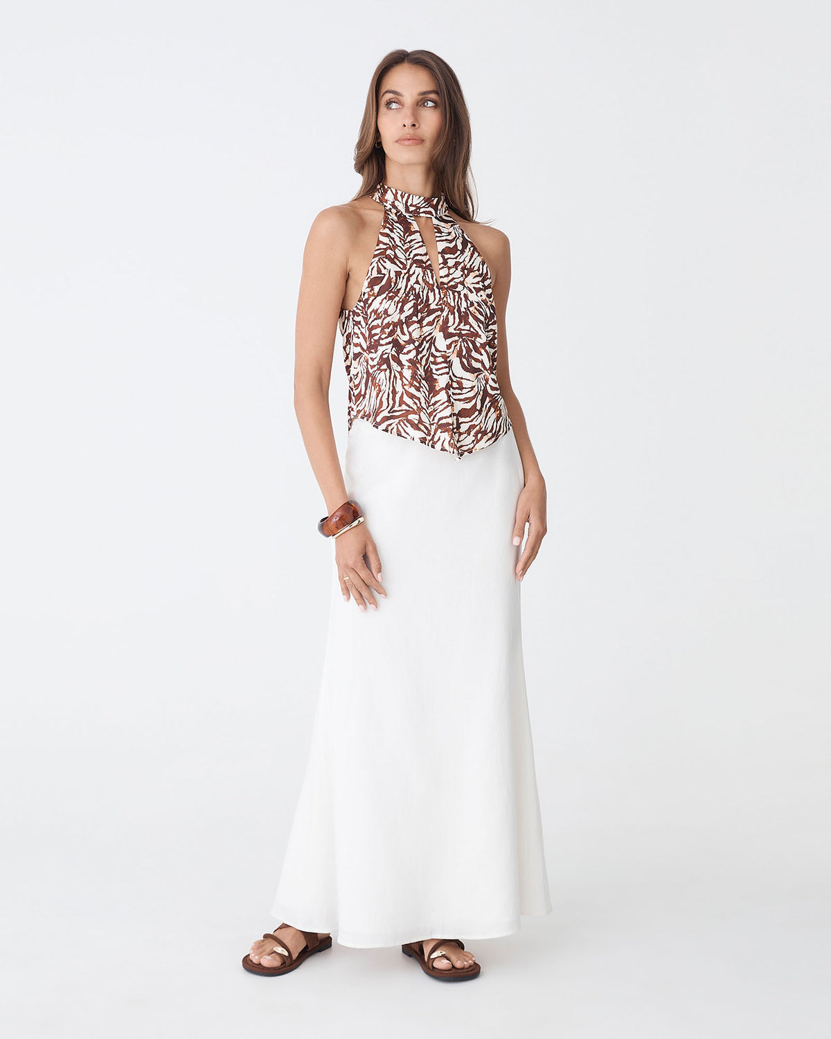 Zuhara Scarf Tie Top in brown zebra — full-length view