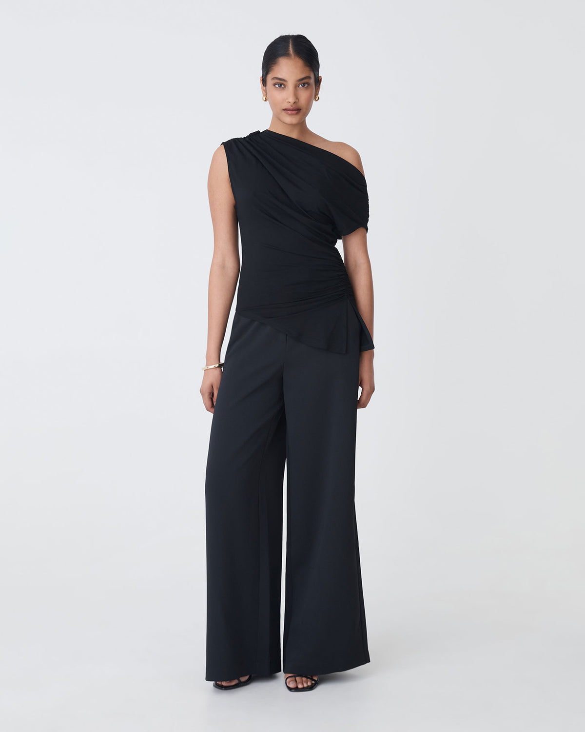 Keeley Bamboo Split Hem Top in black — full-length view