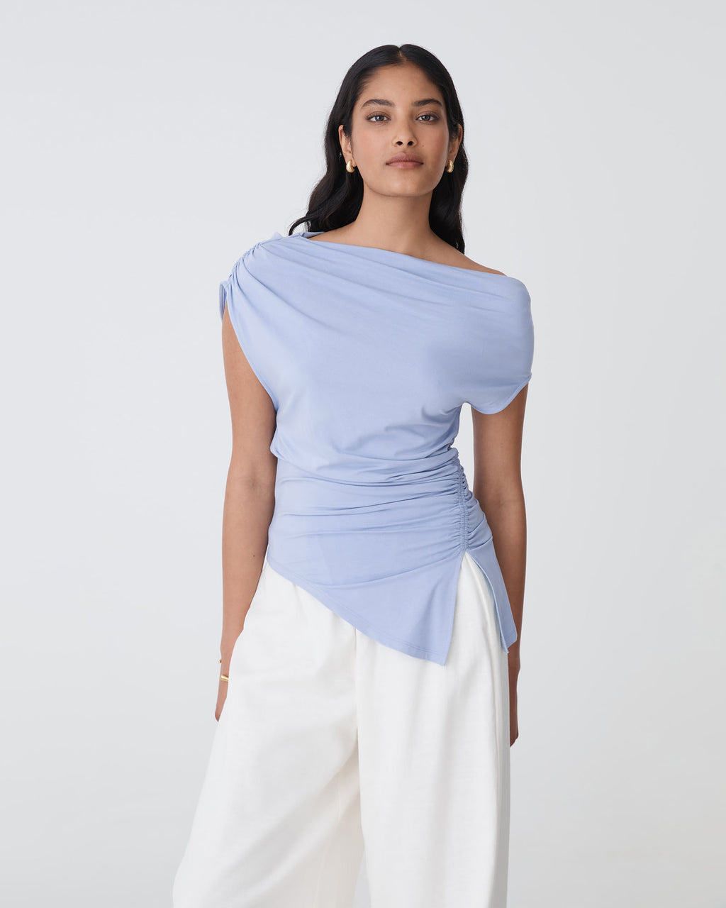 Keeley Bamboo Split Hem Top in light blue — close-up view 2