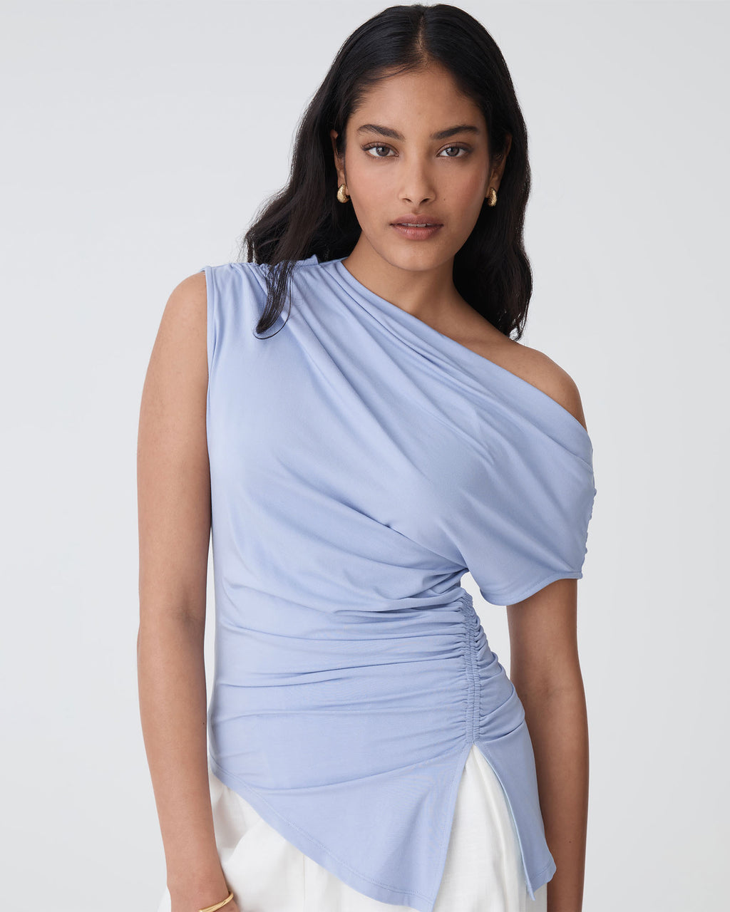 Keeley Bamboo Split Hem Top in light blue — close-up view 3