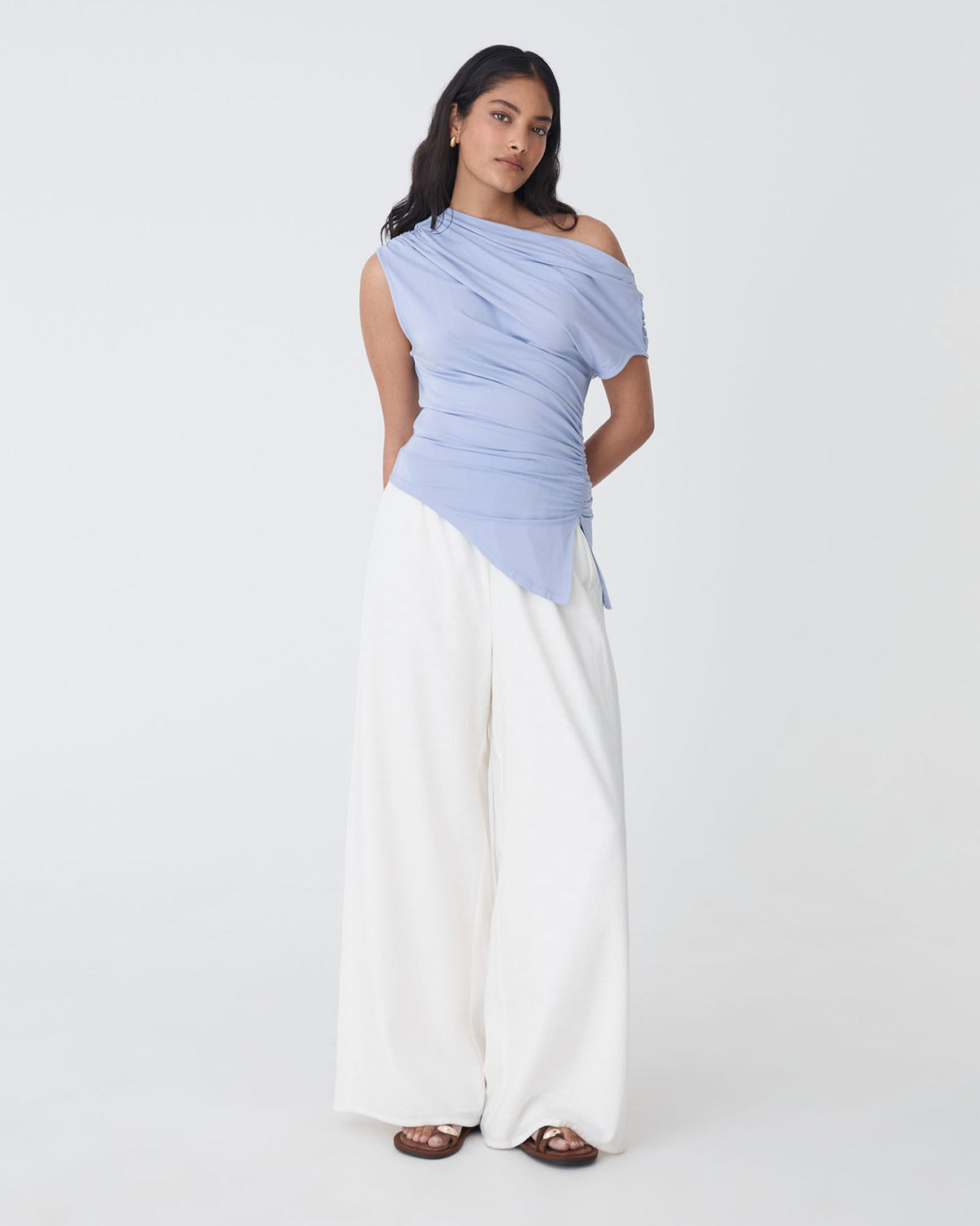 Keeley Bamboo Split Hem Top in light blue — full-length view