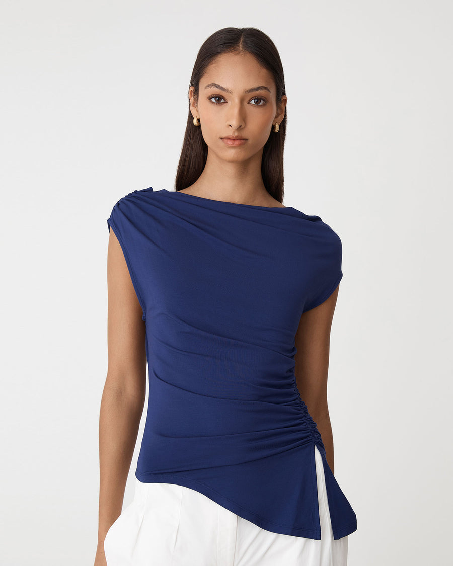 Keeley Bamboo Split Hem Top in navy — close-up view