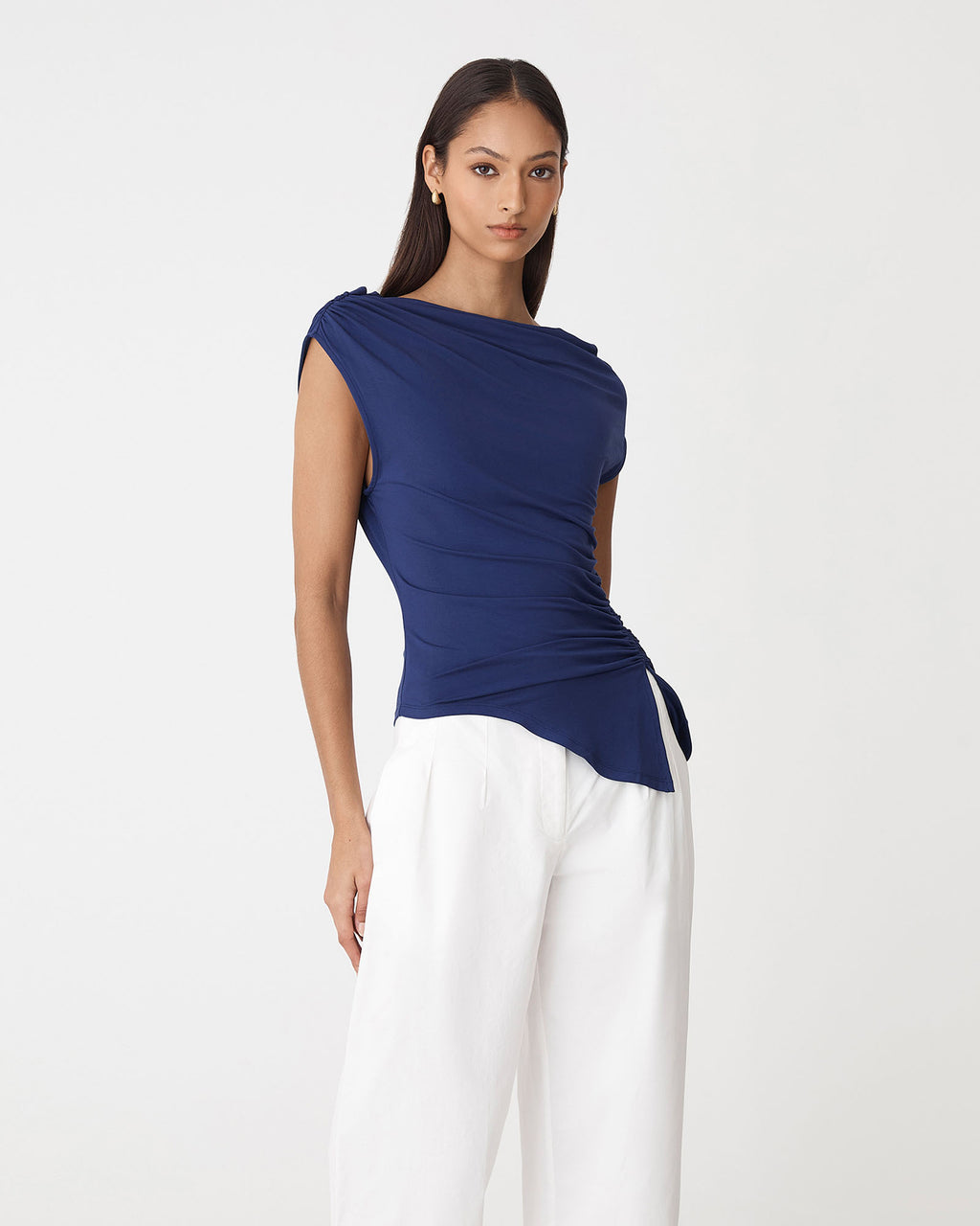 Keeley Bamboo Split Hem Top in navy — close-up view 2