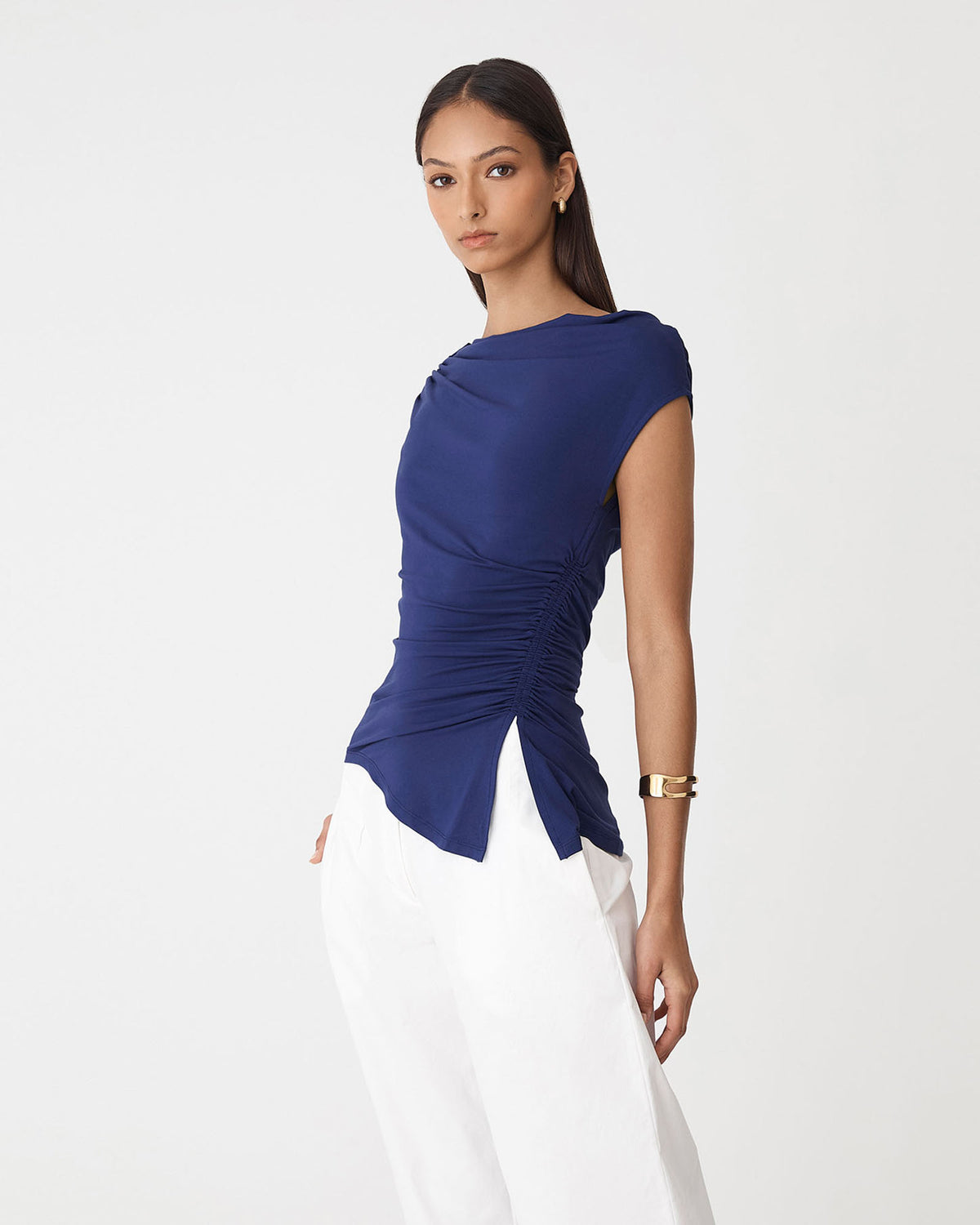 Keeley Bamboo Split Hem Top in navy — side view