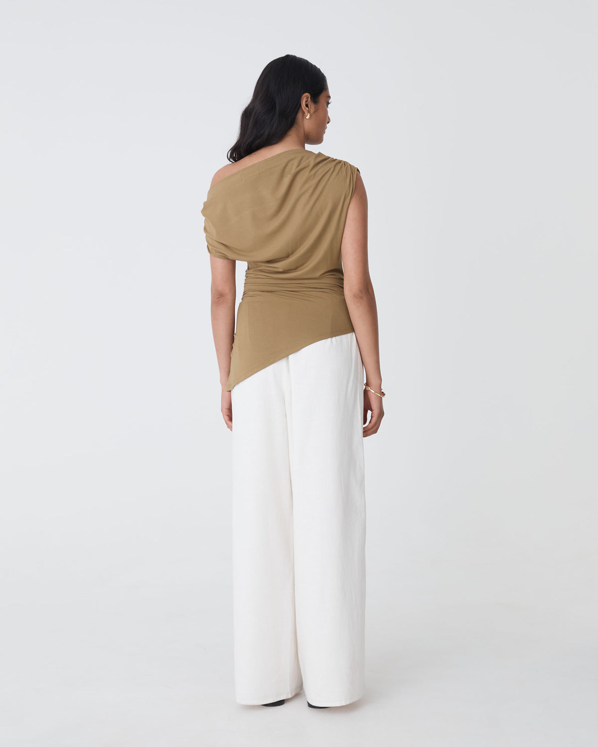 Keeley Bamboo Split Hem Top in tan — back view