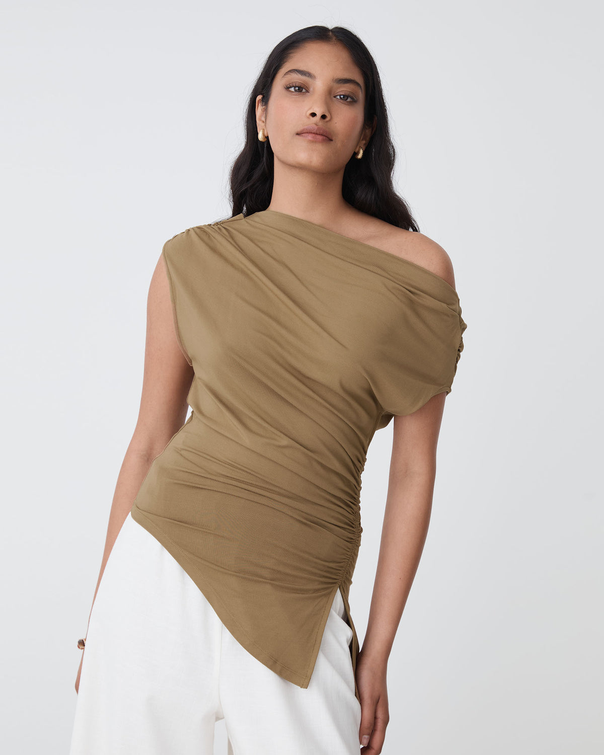 Keeley Bamboo Split Hem Top in tan — close-up view 2