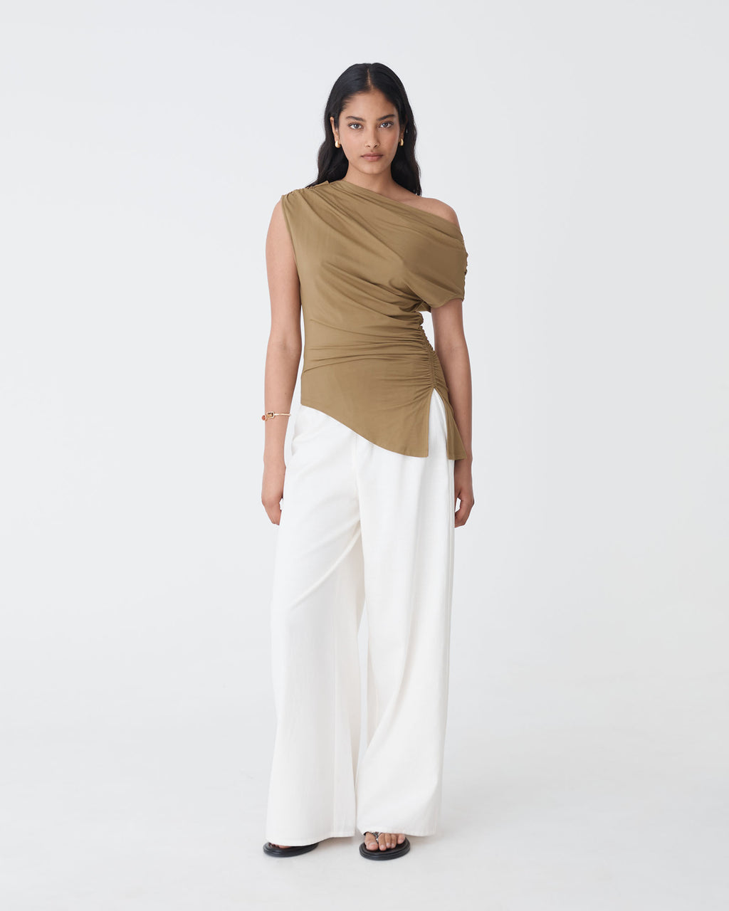Keeley Bamboo Split Hem Top in tan — full-length view