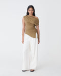 Keeley Bamboo Split Hem Top in tan — full-length view