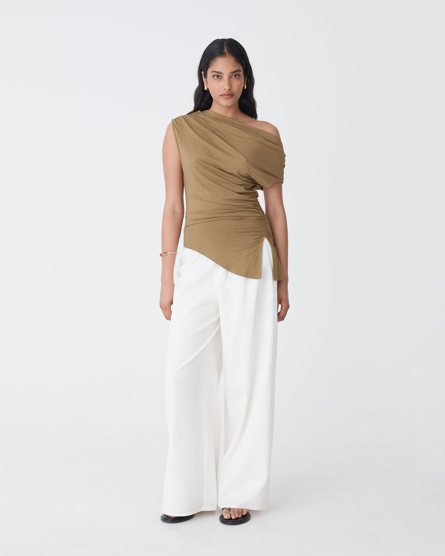 Keeley Bamboo Split Hem Top in tan — full-length view