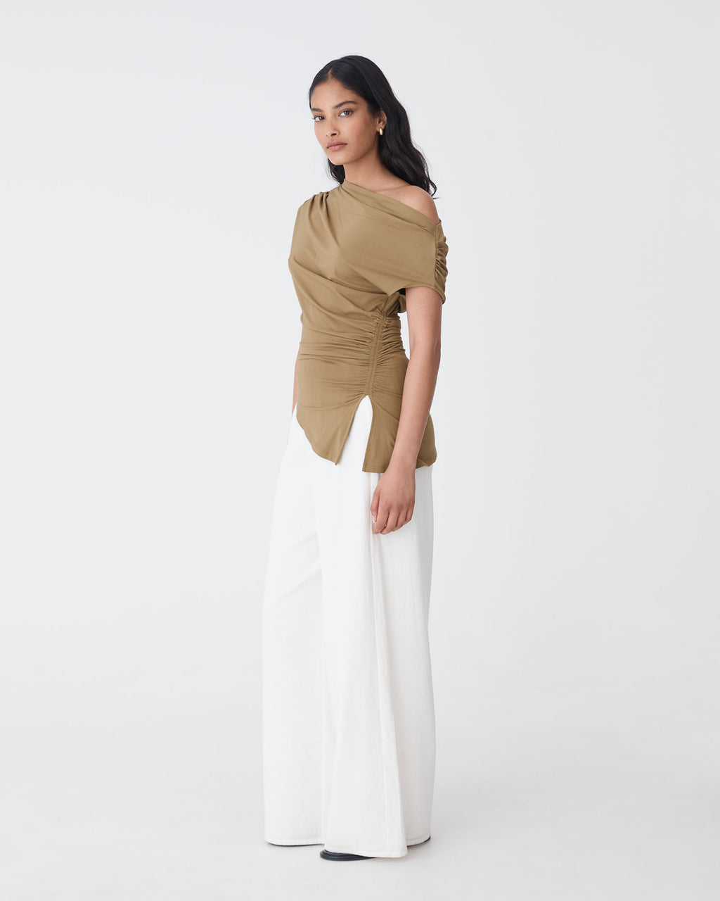 Keeley Bamboo Split Hem Top in tan — side view 2