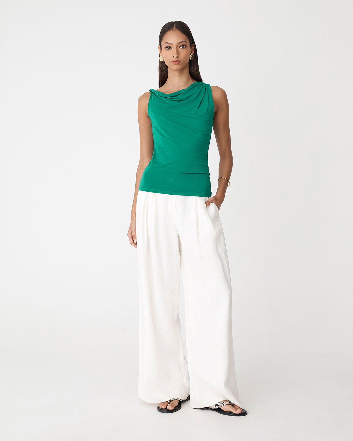 Cici Bamboo Twist Shoulder Top in emerald — full-length view
