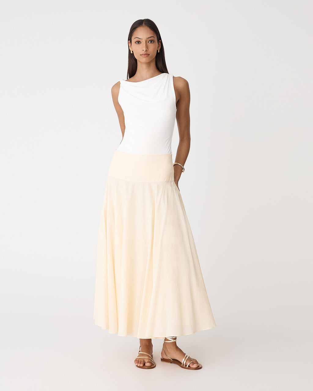 Cici Bamboo Twist Shoulder Top in ivory — full-length view