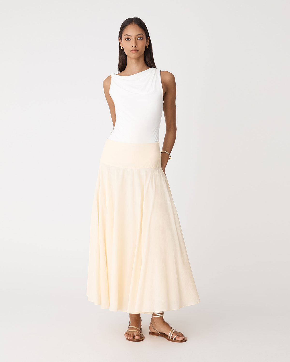 Cici Bamboo Twist Shoulder Top in ivory — full-length view