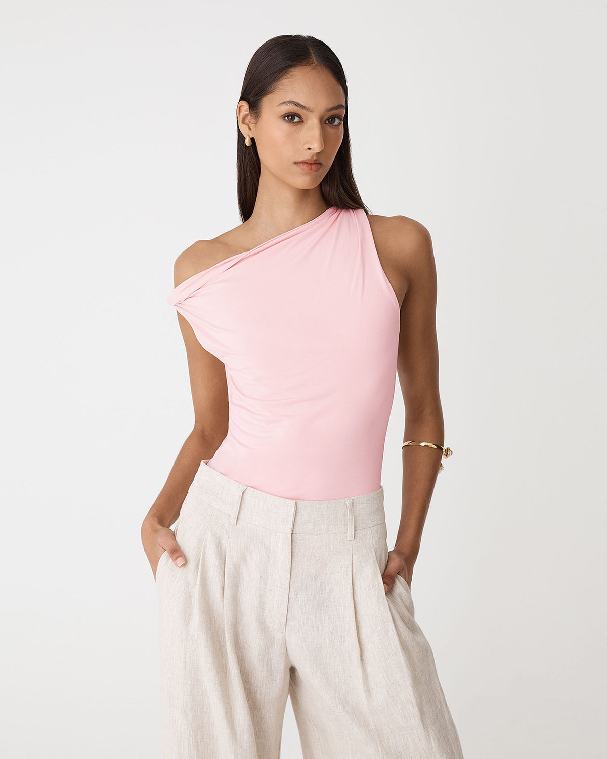 Cici Bamboo Twist Shoulder Top in pink — close-up view