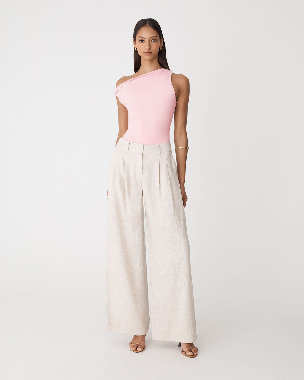 Cici Bamboo Twist Shoulder Top in pink — full-length view