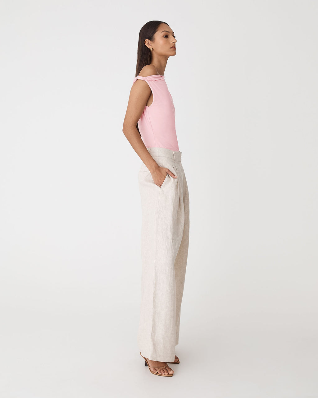Cici Bamboo Twist Shoulder Top in pink — side view