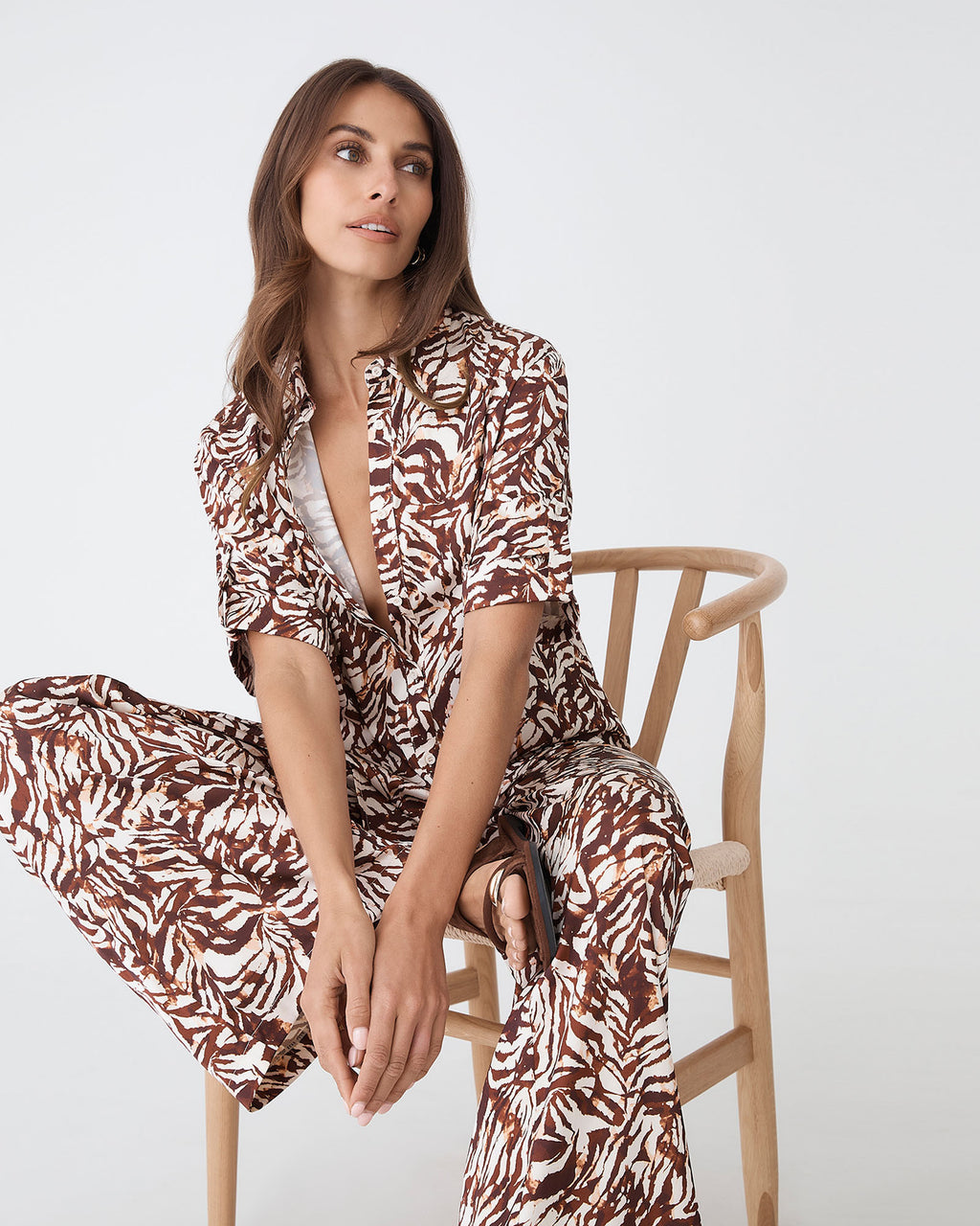 Zuhara Roll Cuff Shirt in brown zebra — close-up view