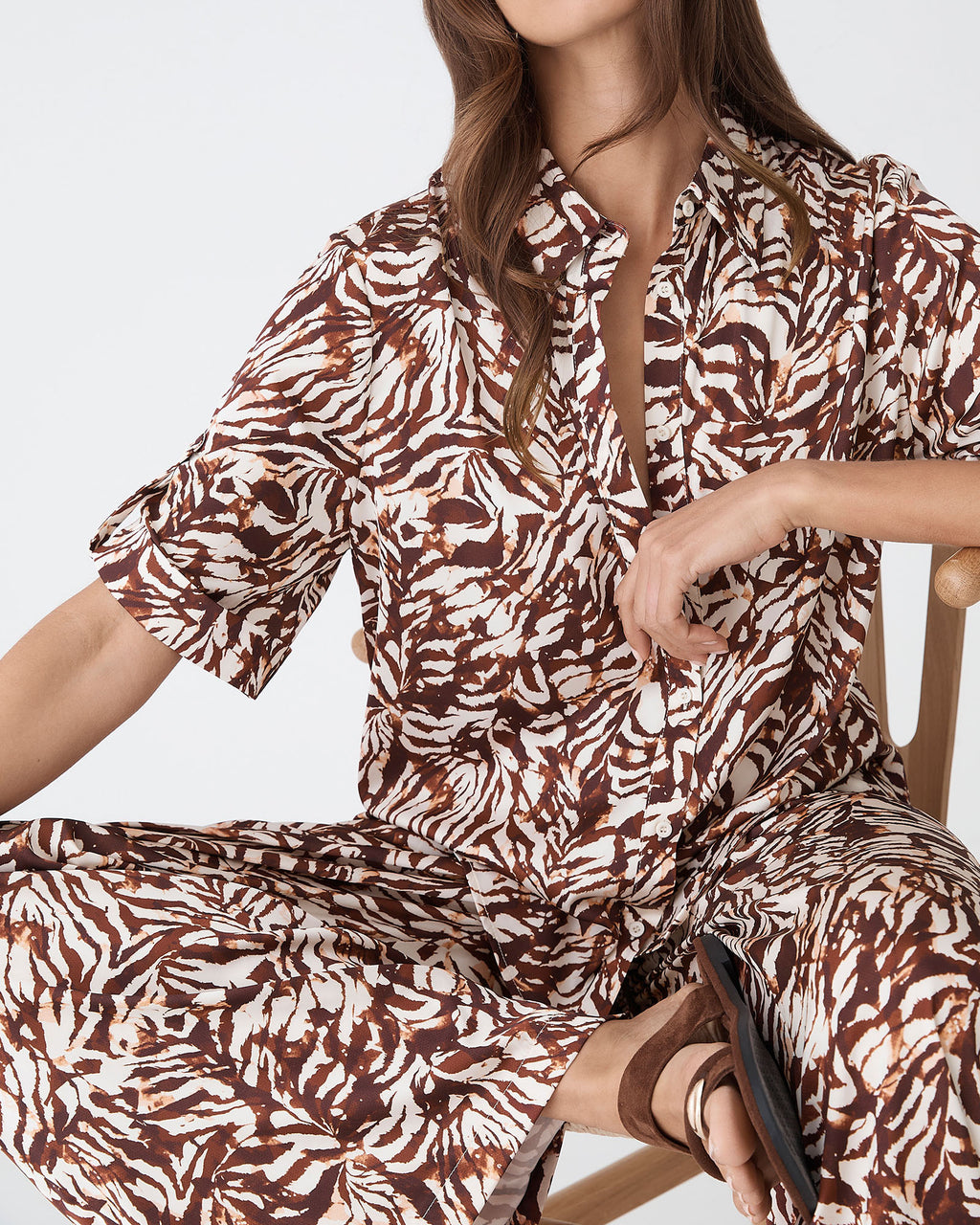 Zuhara Roll Cuff Shirt in brown zebra — fabric detail