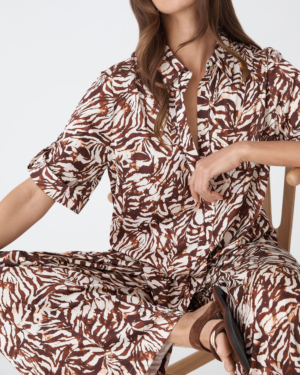 Zuhara Roll Cuff Shirt in brown zebra — fabric detail