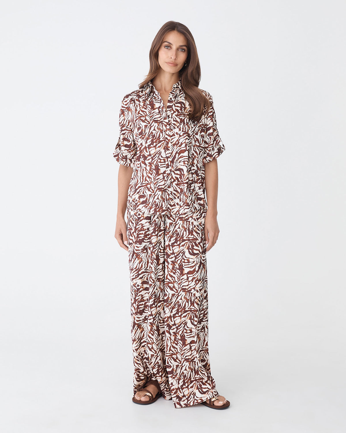 Zuhara Roll Cuff Shirt in brown zebra — full-length view