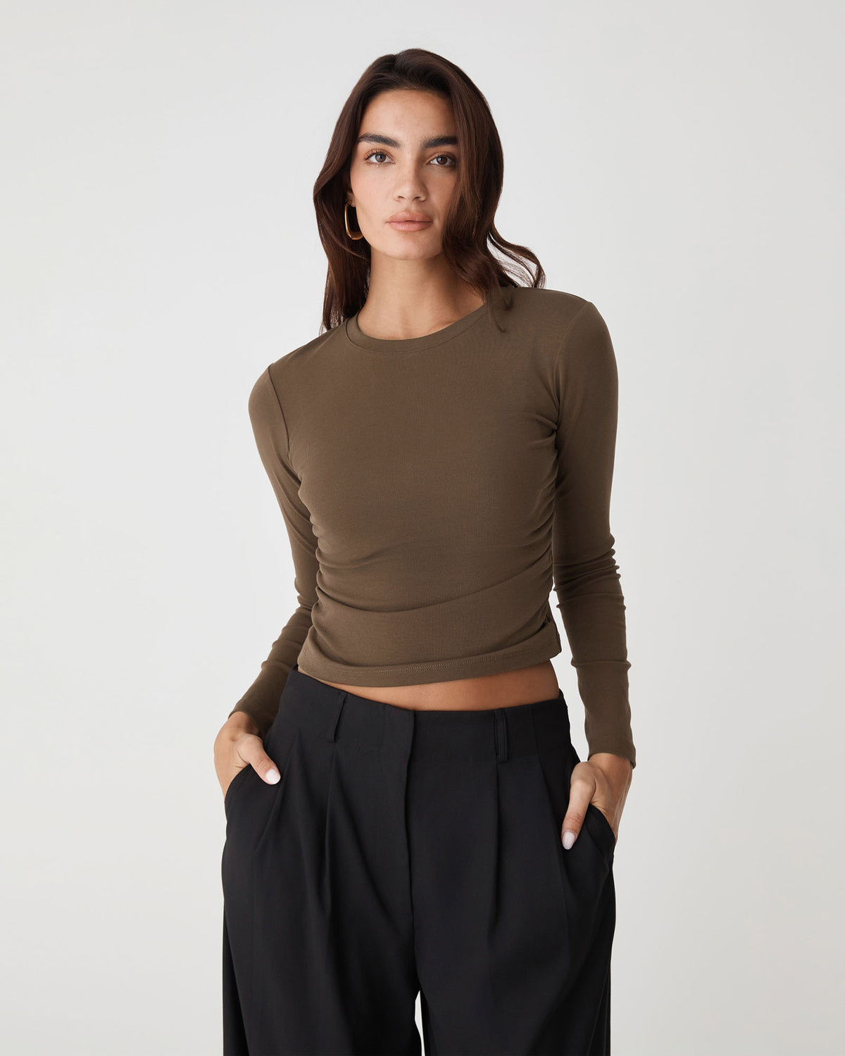 Wyatt Long Sleeve Tee in espresso — close-up view