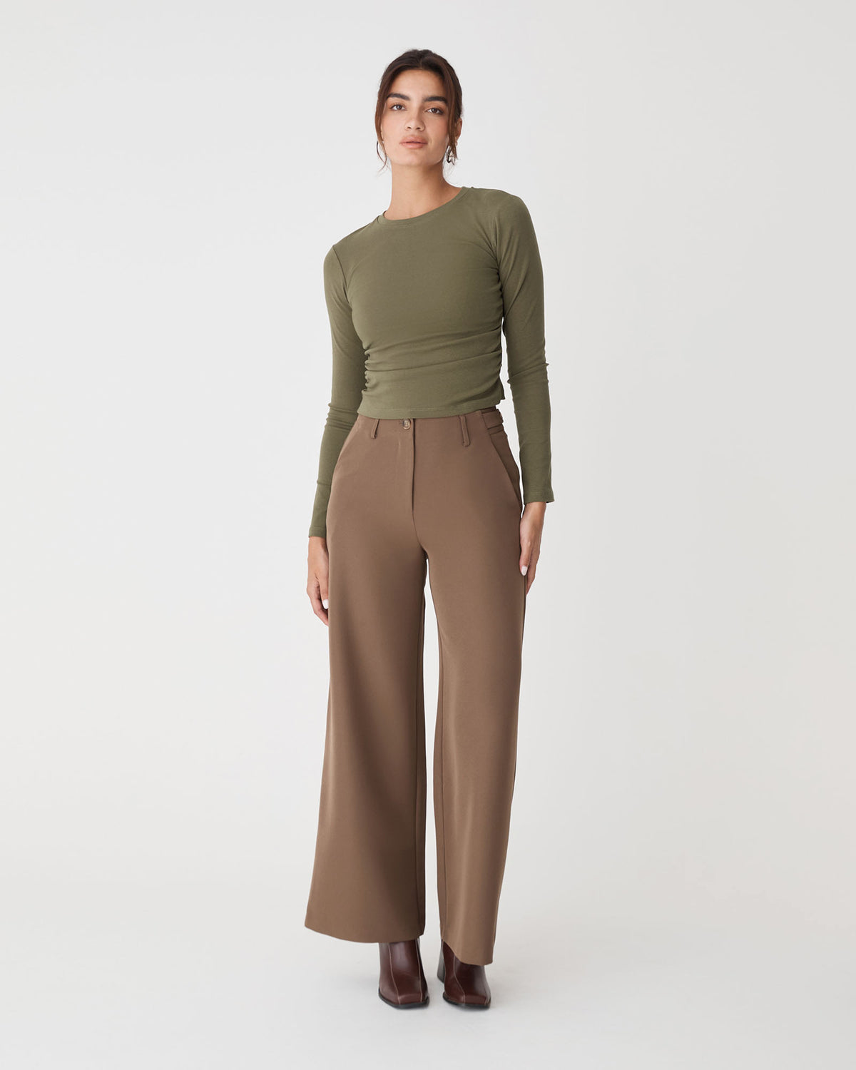 Wyatt Long Sleeve Tee in khaki — full-length view