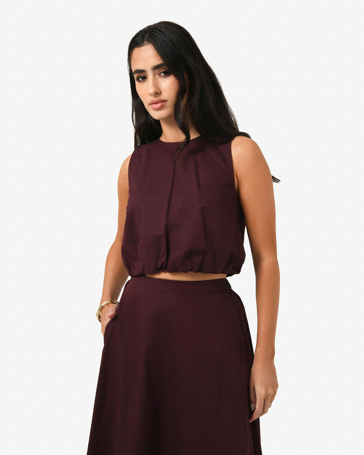 Kenya 2 Ruched Linen Top in aubergine — close-up view 2