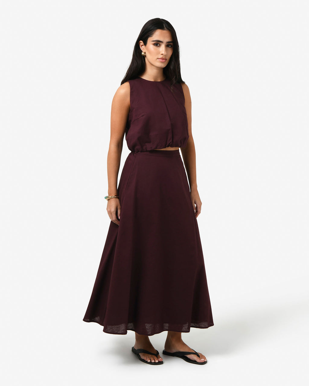 Kenya 2 Ruched Linen Top in aubergine — side view