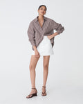 Samara Cotton Striped Shirt in chocolate stripe — full-length view