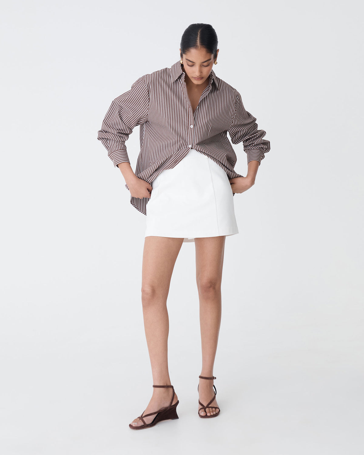 Samara Cotton Striped Shirt in chocolate stripe — full-length view 3