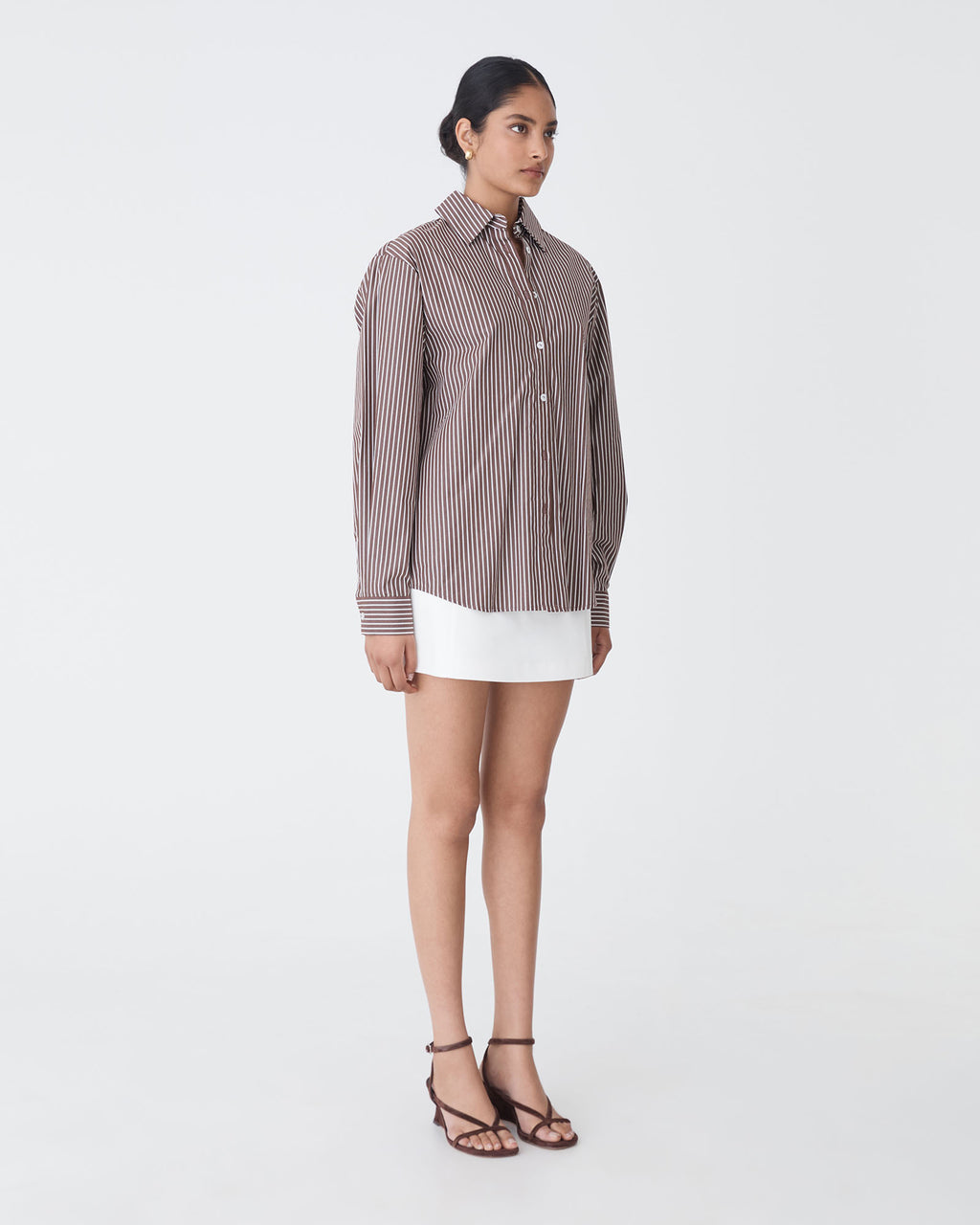 Samara Cotton Striped Shirt in chocolate stripe — side view