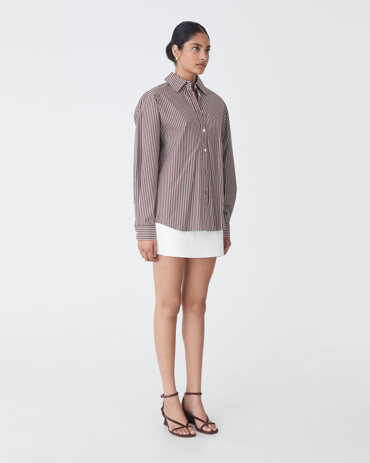 Samara Cotton Striped Shirt in chocolate stripe — side view