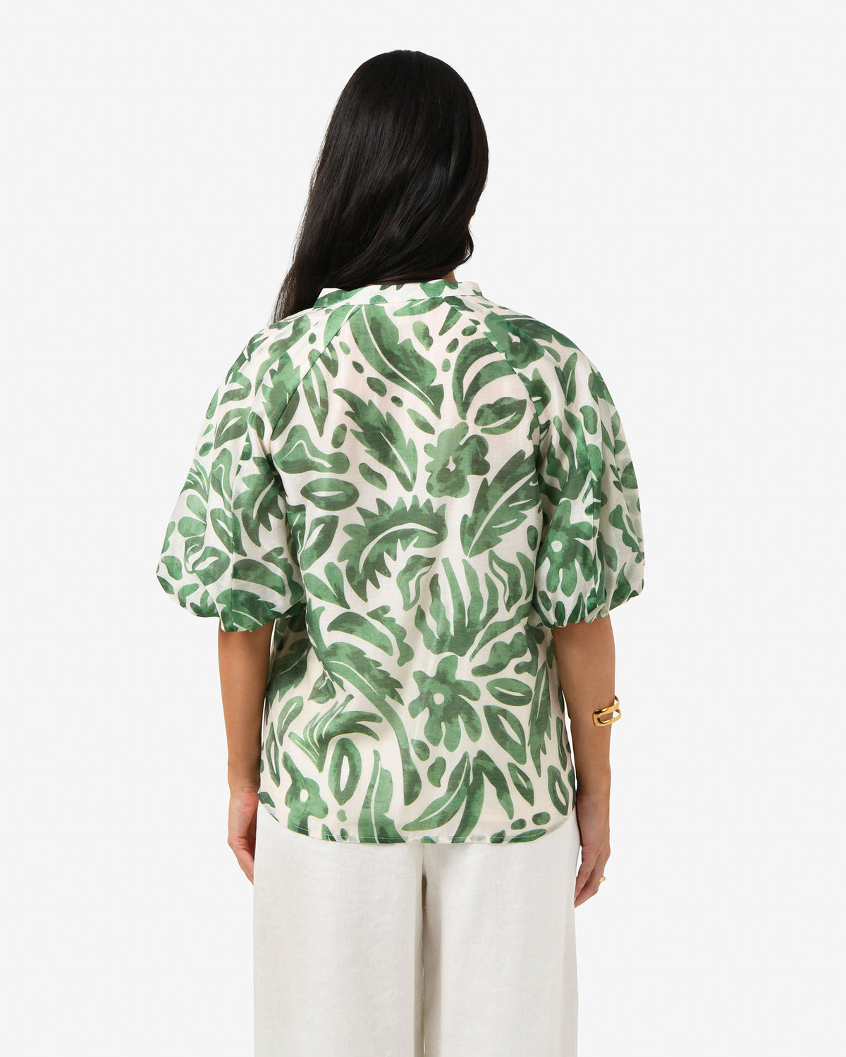 Tallulah Puff Sleeve Top in green floral — back view