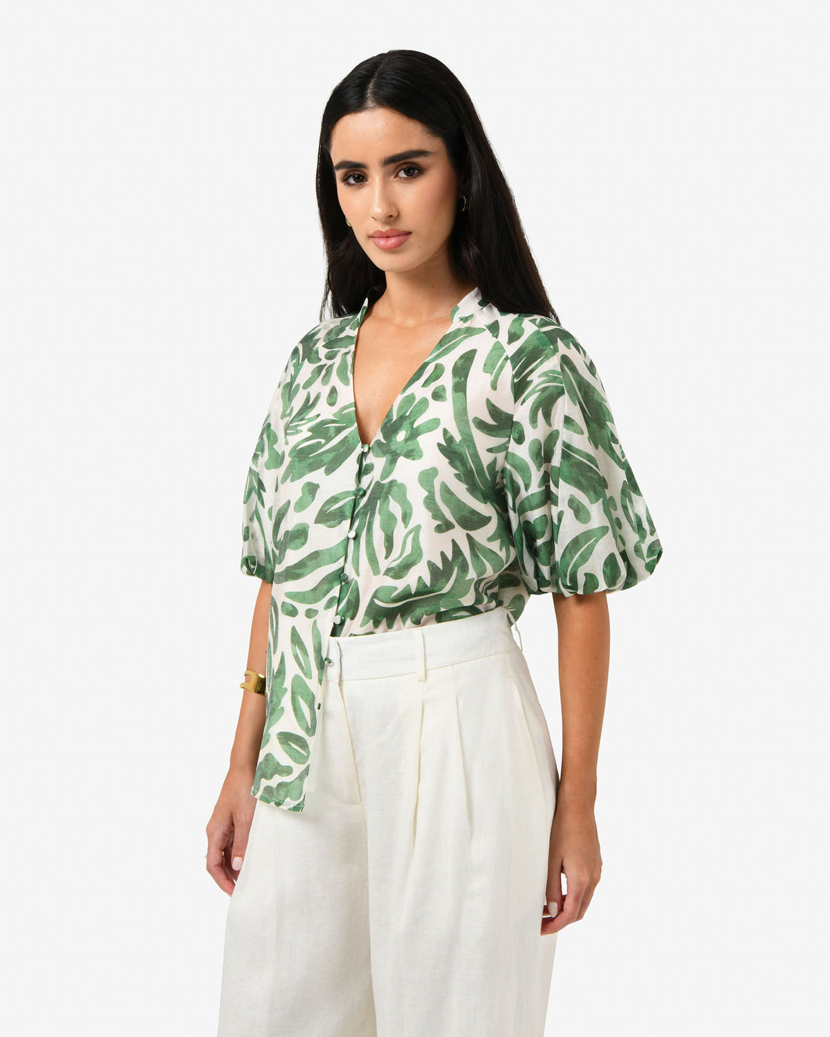 Tallulah Puff Sleeve Top in green floral — close-up view