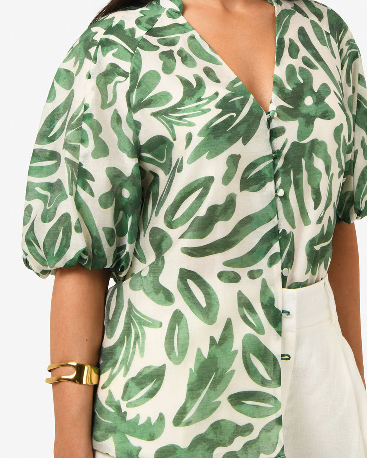 Tallulah Puff Sleeve Top in green floral — fabric detail