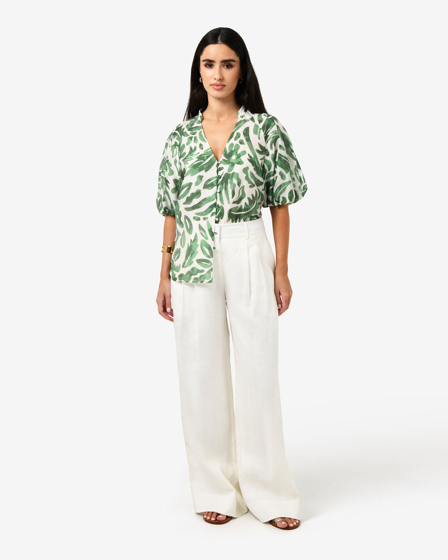 Tallulah Puff Sleeve Top in green floral — full-length view