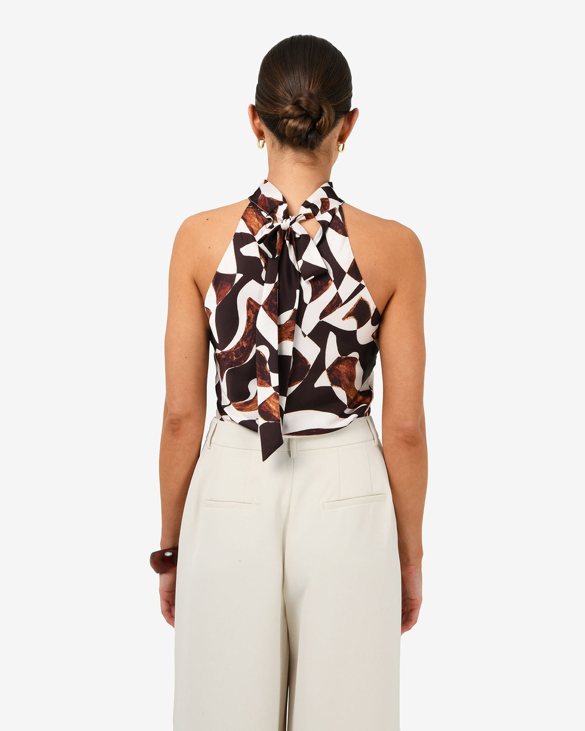 Hazel Printed Halter Neck Top in brown retro — back view