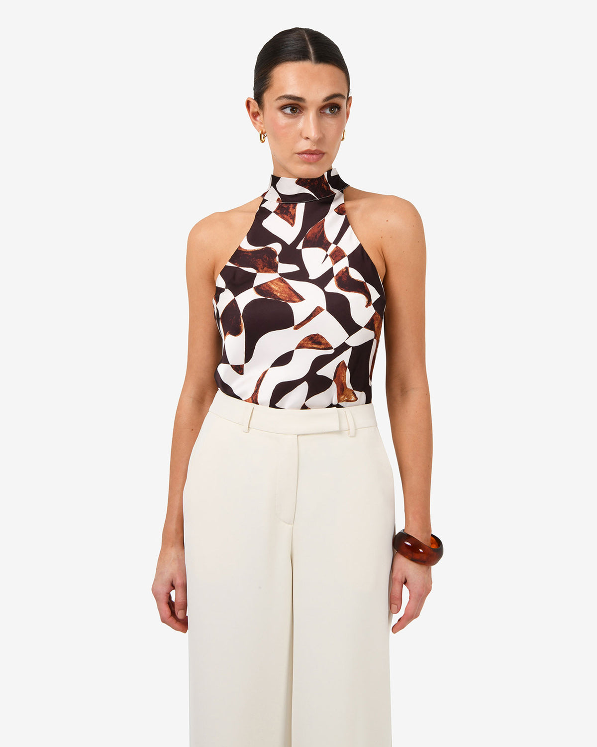 Hazel Printed Halter Neck Top in brown retro — close-up view