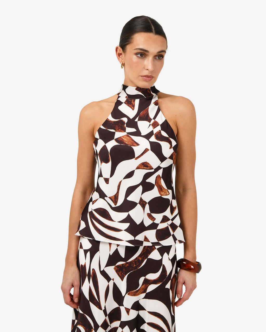 Hazel Printed Halter Neck Top in brown retro — close-up view 2