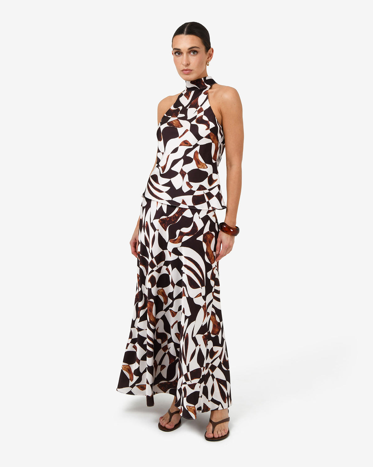 Hazel Printed Halter Neck Top in brown retro — full-length view