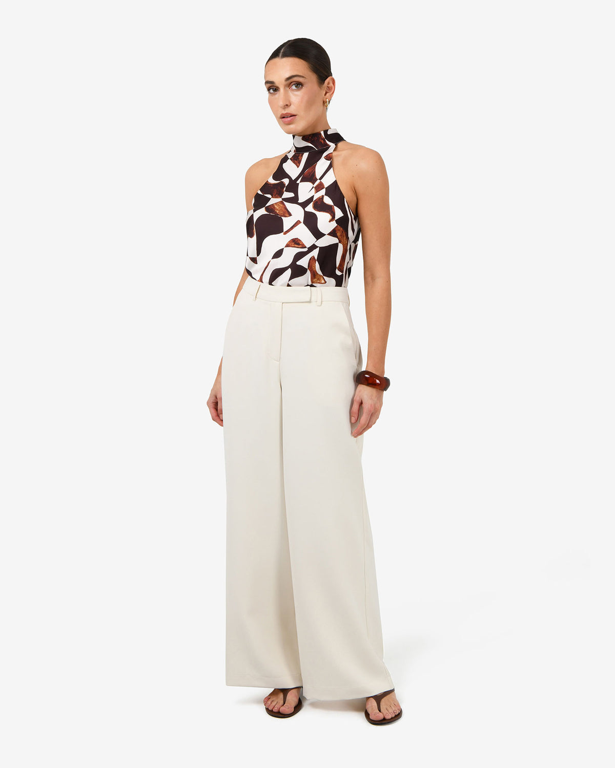 Hazel Printed Halter Neck Top in brown retro — full-length view 2