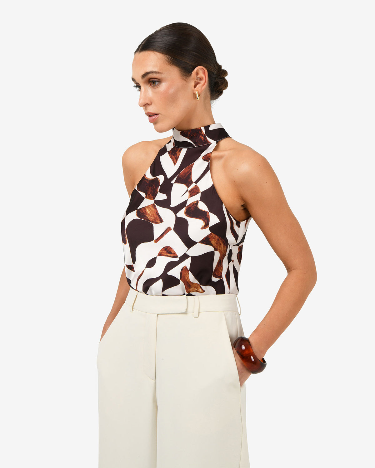 Hazel Printed Halter Neck Top in brown retro — side view