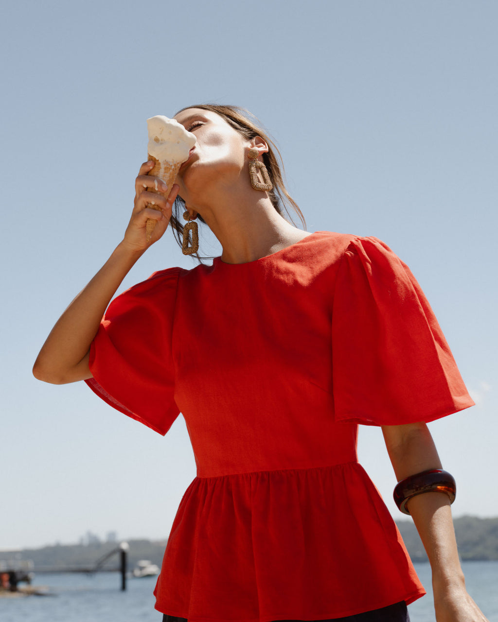 Jade Linen Peplum Top in red — alternate view