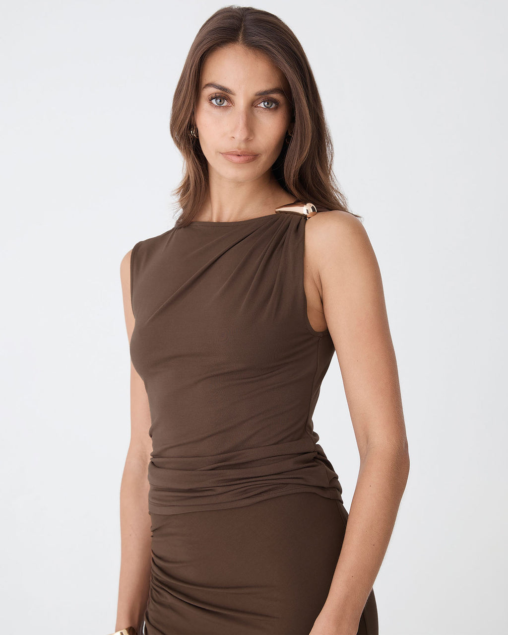 Kirsty Bamboo Ruched Top in espresso — close-up view 2
